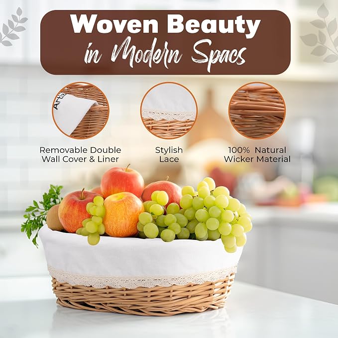 Large Wicker Bread Basket with Removable Linen Liner and Cover - Handmade Rattan Bread Serving & Storage Basket 12"x9" Keeps Bread Warm & Fresh - Perfect Housewarming Gift