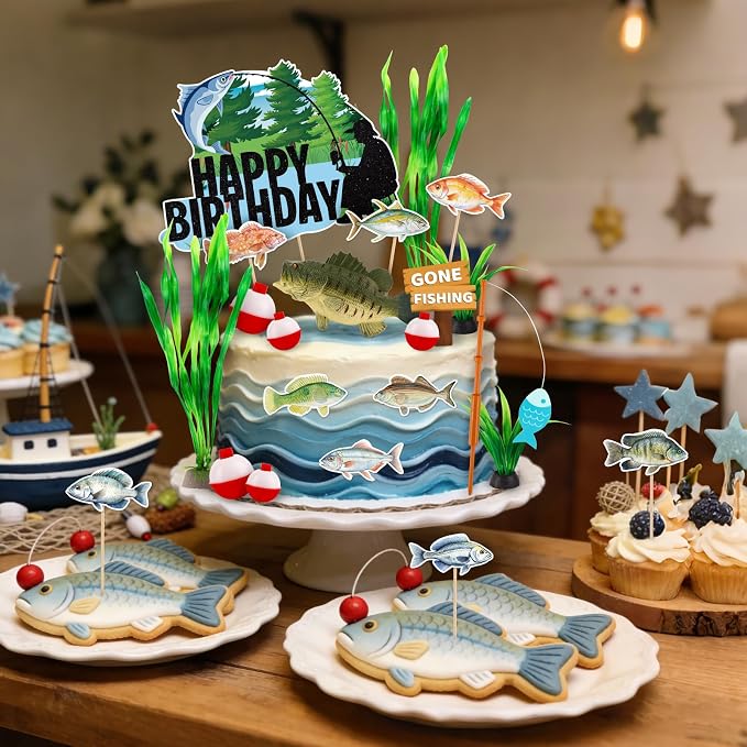 Fishing Cake Topper 22PCS Gone Fishing Cake Toppers for Men Fish Cake Decorations with Bass Reed for Retirement Party Supplies Fish Birthday Party Decorations