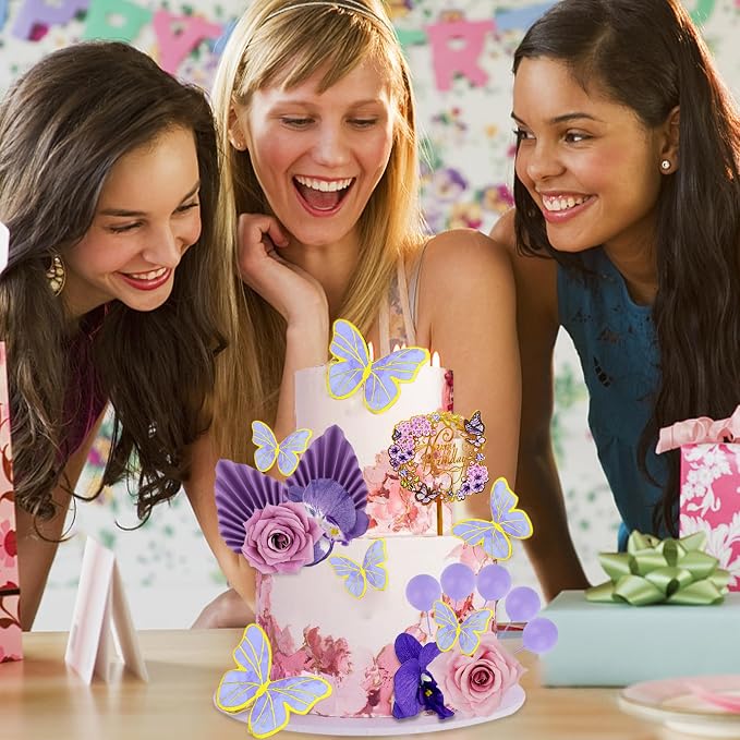 27 PCS Flower Cake Decorations Purple Cake Decorations Boho Butterfly Cake Toppers with Rose Artifical Flowers Palm Leaves Balls Happy Birthday Cake Topper for Birthday Party Wedding Baby Shower