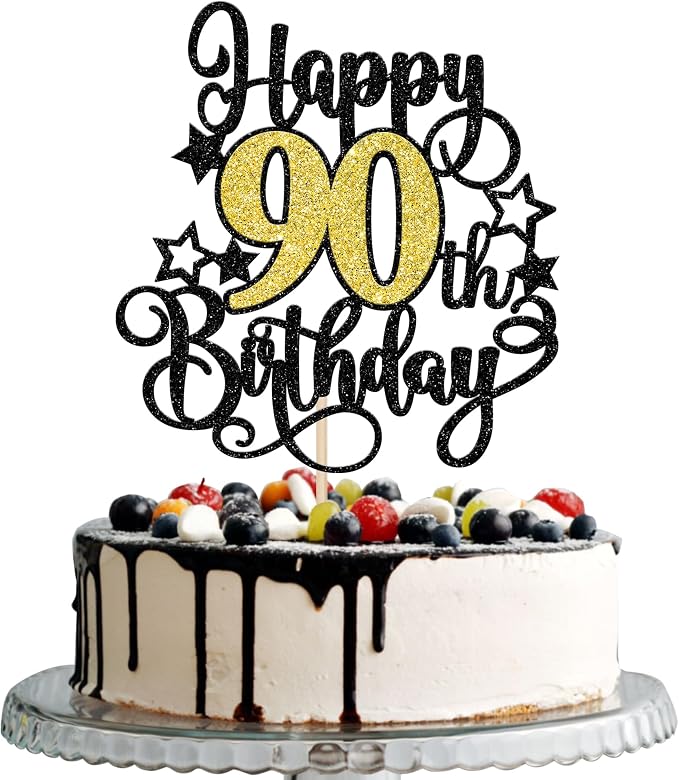 1 PCS Happy 90th Birthday Cake Topper Black Gold Glitter Cheers to 90 Years Birthday Cake Pick Hello 90 Fabulous Cake Decoration for Happy 90th Birthday Anniversary Party Decorations Supplies