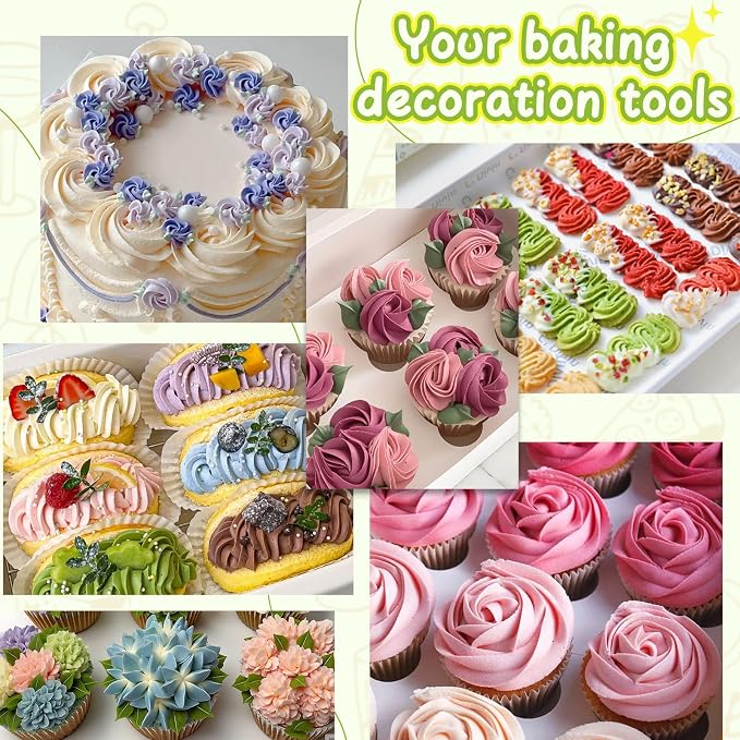 Hendiy 3pcs 2D Cake Piping Tips with 20 Piping Bags | Large Piping Nozzles, Cookie Icing, Cupcakes, Buttercream, DIY Art