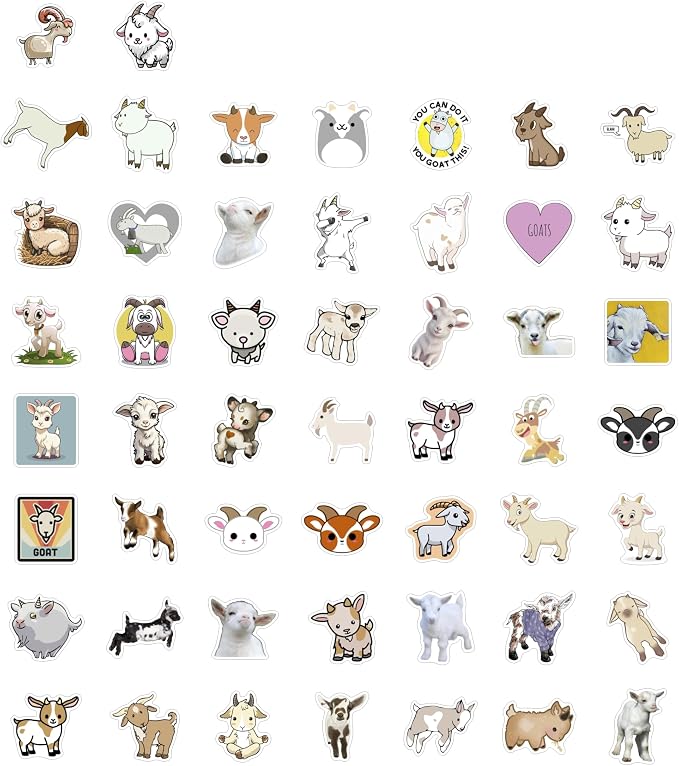 100Pcs Cute Goat Stickers for Water Bottle and Laptop - Goat Party Supplies & Decorations, Farm Animal Stickers, Waterproof Vinyl Decals, Gifts for Women & Men