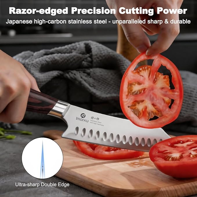imarku Santoku Chef Knife 7 Inch, Ultra Sharp High Carbon Stainless Steel Japanese Kitchen Knife with Hollow Edge | Ergonomic Pakkawood Handle, Gift Box for Meat/Vegetables/Tomatoes & Daily Cooking