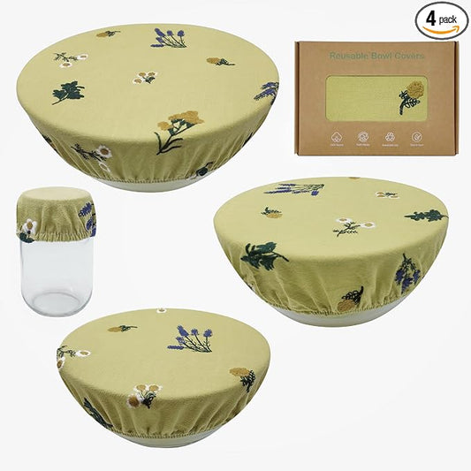 Reusable Bowl Covers (Set of 4) - Breathable Cotton Linen Sourdough Accessories - Elastic Durable Fabric Food Lids for Proofing Baskets & Bread Baking Supplies (Pale Mustard)