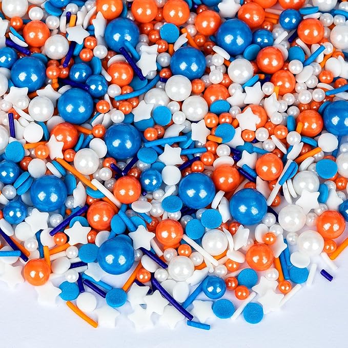 Edible Blue Orange Sprinkles for Cake Decorating,130g White Stars Pearls and Jimmies Mix,Round Sugar Confettis Sprinkle,Cupcake,Cookies,Donut,Basketball Soccer Sports Themed Holiday Dessert Toppings,Birthday Celebration Supplies