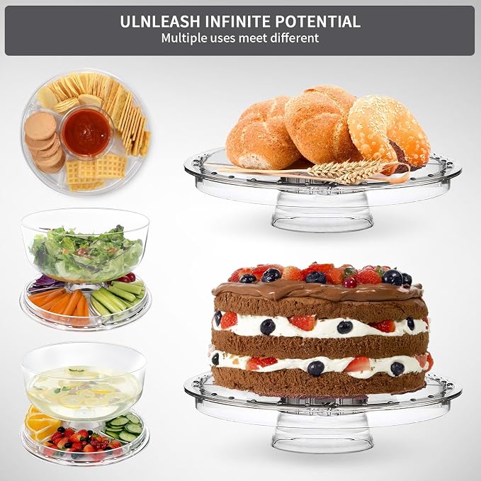 6-in-1 Multi-Functional Cake Stand with Dome Cover, BPA-Free Acrylic Serving Platter, Salad Bowl Divided Snack Tray, Shatterproof Dessert Display with Fork Spoon for Birthday Wedding Christmas Party