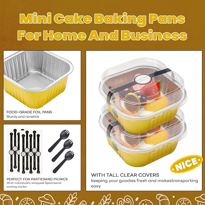 NPLUX 50 Pack Mini Cake Pans with Lids and Spoons Aluminum Foil Pans Square Cake Tins for Bakery Party Wedding, Graduation Gifts Party Favors(Gold,10 oz)