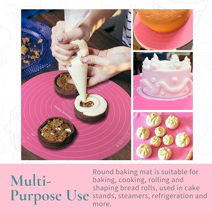 Silicone Cake Mat 2Pcs 12 Inch Round Baking Mats with Measurements Reusable Turntable Pastry Mats for Rolling Dough, Cakes, Pizza, and Cookies (1, Pink)