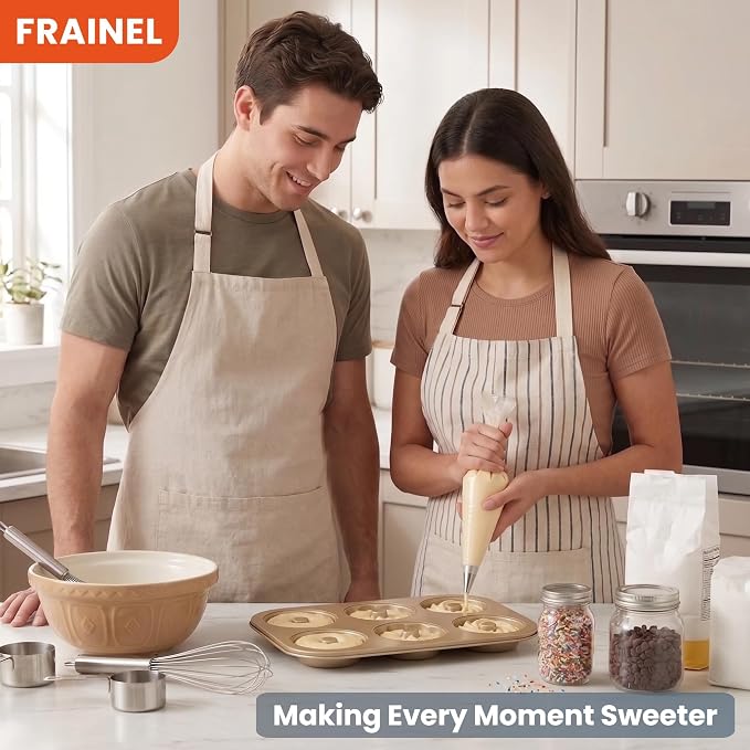 6-Cavity Donut Pan for Baking, Non-Stick Carbon Steel Doughnut Molds with 3 Unique Shapes (Petal, Swirl & Classic), Heavy-Duty Bagel & Mini Bundt Tray, Champagne Gold