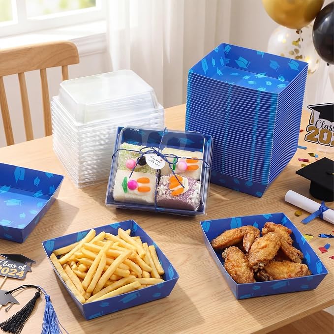 Outus 100 Pack Graduation Party Paper Food Containers Blue Charcuterie Boxes with Clear Lids, 5.7 x 5.1 '' Graduation Party Supplies Cake Take out Bakery Boxes with Gift Tags Rope for Desserts Cake