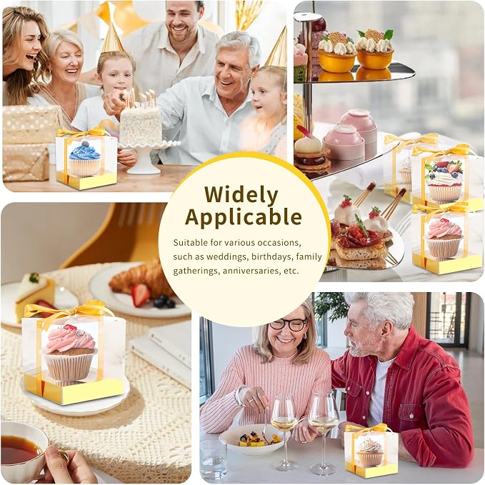 24 Pcs Clear Plastic Cupcake Boxes, 3.5 Inch Single Cupcake Containers for Cake Dessert, Individual Cake Storage Holder with Ribbon Wedding Birthday Party Favor (Gold)
