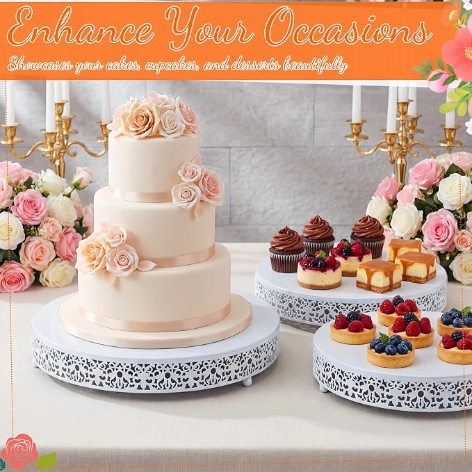 Wenqik 3 Pcs 16'' 14'' 12'' Metal White Cake Stand Round Cake Stands for Dessert Table Cookies Fruit Serving Tray Cupcake Dessert Pastry Riser for Wedding Birthday Party and Events(Elegant Style)