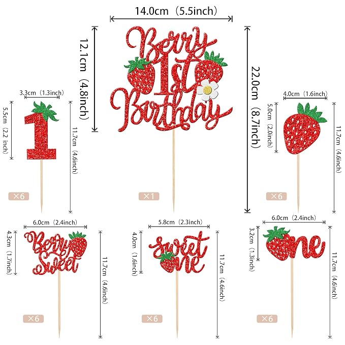 31 PCS Sweet One Strawberry Cupcake Toppers Red Berry 1st Birthday Cake Topper Strawberry First Birthday Cupcake Picks for Strawberry Theme Baby Shower 1st Birthday Party Decorations Supplies