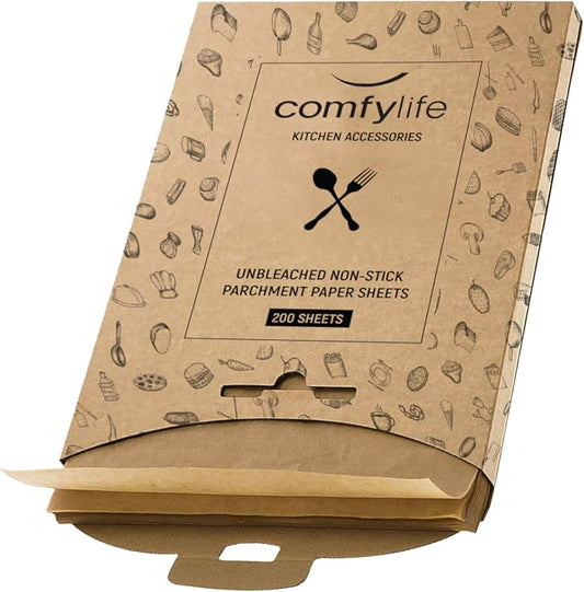Comfylife 200 Parchment Paper Sheets - No Curl, Tear, or Burn (9 x 13 Inch) - Precut Baking Paper, Unbleached, No Chemical, Cookie Sheets