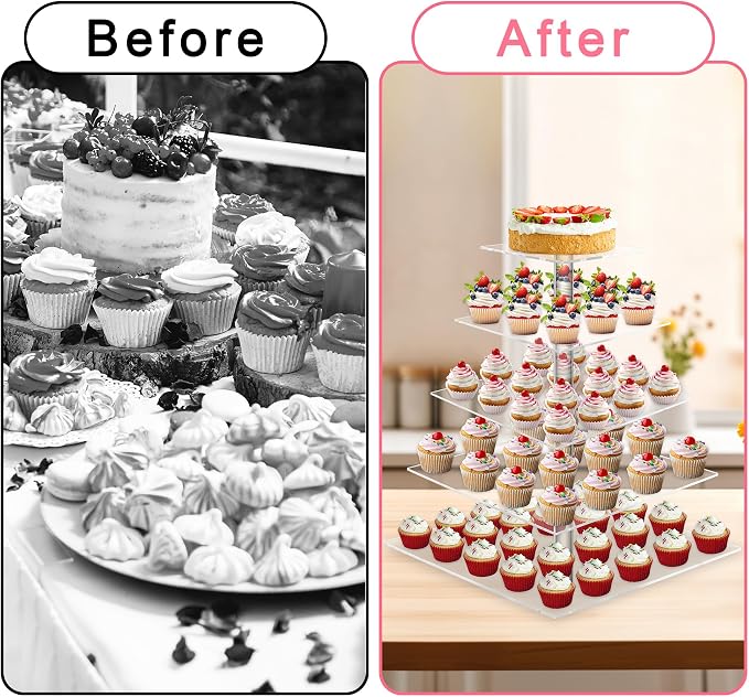 weddingwish 5 Tier Cupcake Stand, Acrylic Cupcake Tower Stand, Square Tiered Display Stand, Clear Dessert Table Display Stand for Wedding,Birthday,Party