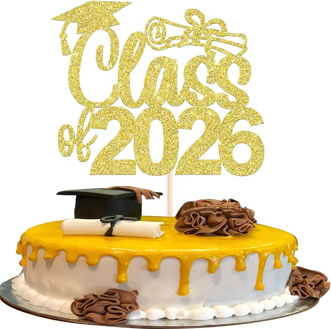 1 Pack Class of 2026 Cake Topper Glitter Congrats 2026 Graduation Cake Pick for Graduation Grad 2026 Theme Boys Girls Graduate Party Cake Decorations Supplies Gold