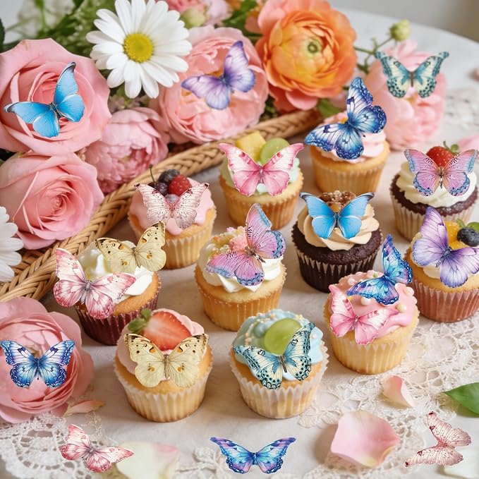72PCS Edible Butterfly Cupcake Toppers Wafer Paper 3D Butterflies Cake Picks Mixed Color Cake Decorations for Spring Theme Baby Shower Wedding Kids Birthday Party Cake Decor Supplies