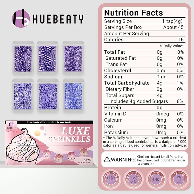 HUEBEATY® 6-in-1 Purple Edible Pearls Sprinkles, Sanding Sugar for Cake Decorating, Cupcakes, Cookies & Ice Cream - 180g, Edible Mardi Gras, Halloween & Mermaid Purple Cake Sprinkles and Decorations