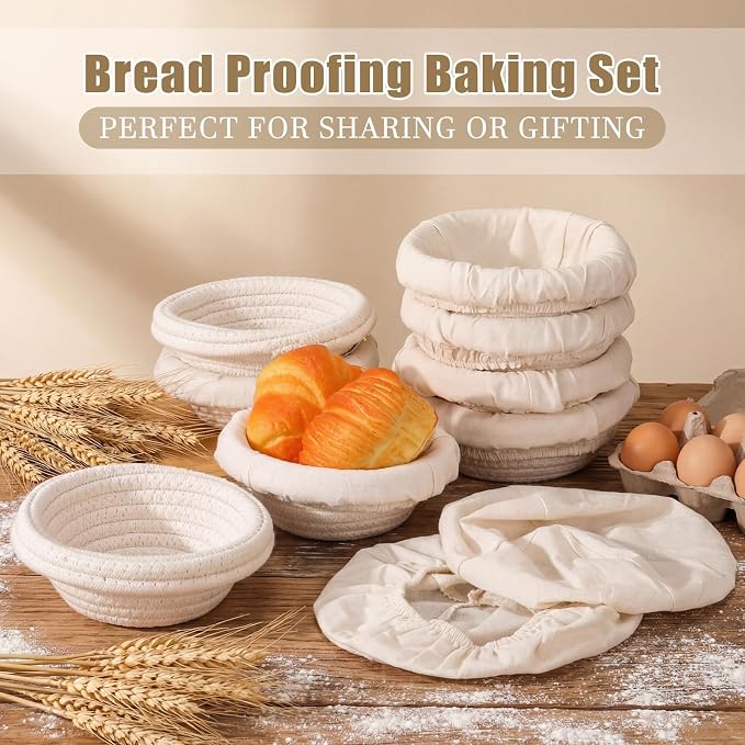 Zhehao 8 Set Mini Banneton Basket Cotton Rope Banneton Bread Proofing Round Basket & Liner for Artisan Bread Baking 5 Inch Mini Sour Dough Starter Kits Baking Supplies for Home Bakers Wife Mom