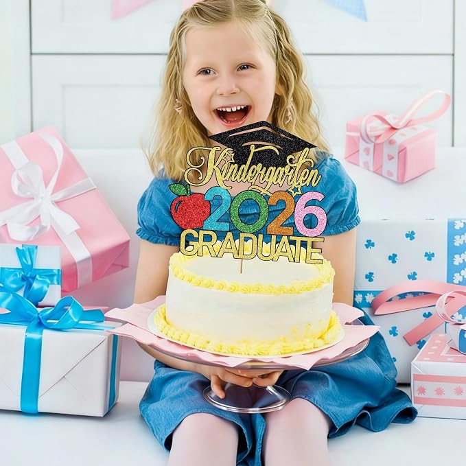 Kindergarten 2026 Graduate Cake Topper, Chirldren Graduation Cake Decorations, Preschool Kindergarten Graduations Party Decoration, Glitter Grad 2026 Happy Graduation (Black Gold)