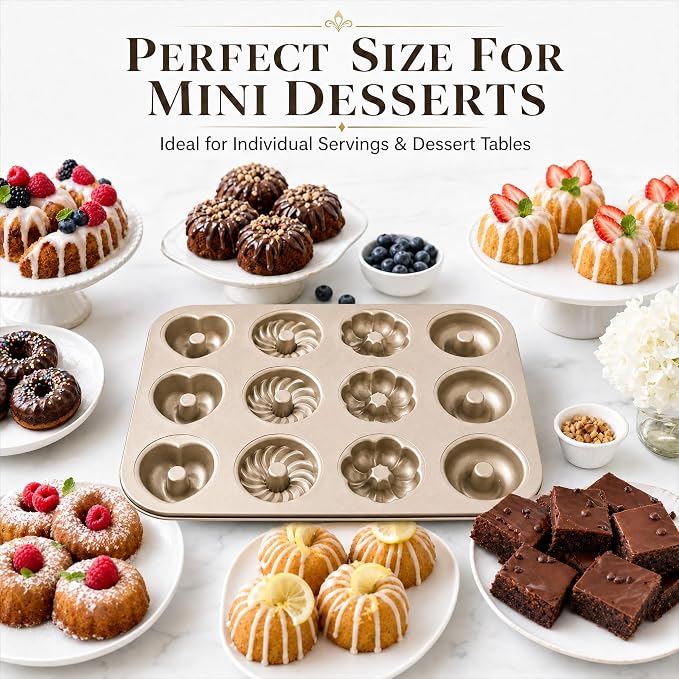 2 Pack Mini Bundt Cake Pans for Baking, 12 Cavity Nonstick Mini Cake Pan with Flower & Heart Shapes, Carbon Steel Donut Mold for Brownies, Desserts & Homemade Treats, Gold