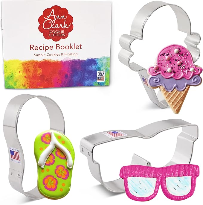 Ann Clark Cookie Cutters Summer Fun Cookie Cutters 3-Pc. Set Made in the USA, Flip Flop, Sunglasses, Ice Cream Cone