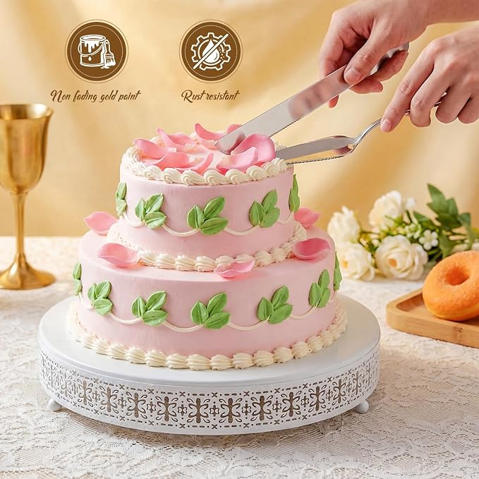 Wenqik White Cake Stand 16 Inch Metal Round Cupcake Dessert Wedding Cake Stand with Cutting & Spatula Cookies Display Holder Fruit Serving Tray for Table Wedding Birthday Anniversary Party