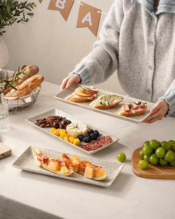LAUCHUH 3 Tier Serving Trays for Party, 14 inch Porcelain Tiered Tray Stand Serving Platter with Collapsible Sturdier Rack Serving Dishes for Father's Day Entertaining, Speckled Glaze
