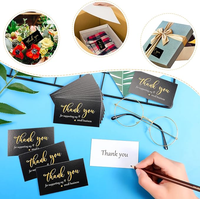 Outus 620 Pieces Thank You for Supporting My Small Business Cards and Stickers Set, Thank You Gold Foil Stickers with Resealable Packaging Bag for Business Owners Packaging Supplies (Black)