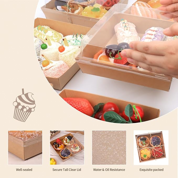 7 x 7 x 2.6 Inches Large Charcuterie Boxes with Clear Lids, 50 Pack Disposable Square Brown Bakery Boxes, To Go Paper Food Container for Cake Slices, Sandwiches, Cookies, Dessert