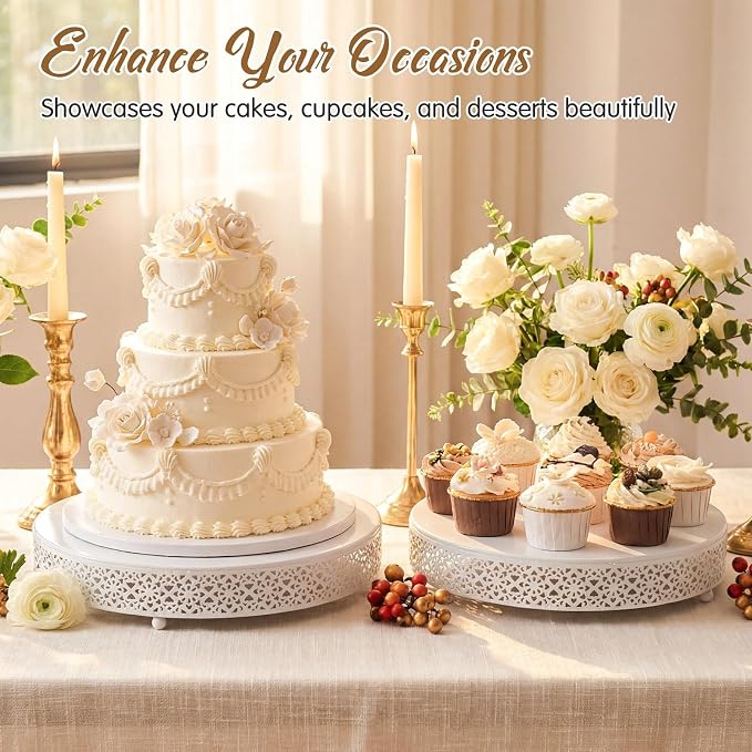 Wenqik 2 Pcs White Cake Stand 14/16 Inch Round Metal Cupcake Dessert Wedding Cake Stand Cookies Display Holder Modern Design Fruit Serving Tray for Table Wedding Birthday Anniversary Party