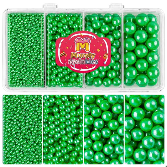 Green Sprinkles Edible Pearls for Cake Decorating, 4 Sizes Green Pearl Sprinkles for Cupcakes Ice Cream Dessert 4.6oz