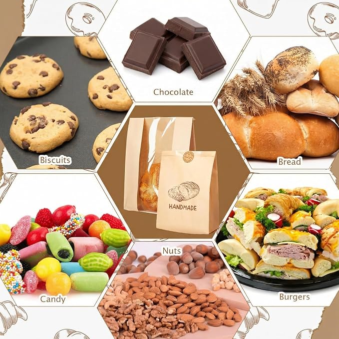 Feifeiya 100 Pack Kraft Paper Bread Bags for Homemade Sourdough Bread with Window & Stickers, 13.7x8.3" Large Bakery Bags for Loaves Greaseproof Food Packaging for Baking Gifts, Brown(Novel Style)