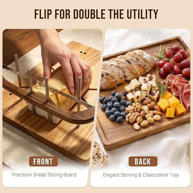 welsteepse Bread Slicer for Homemade Bread，2 in 1 Walnut bread board,cutting board with sourdough bread knife