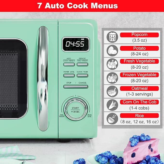 Galanz GLCMKZ11GNR10 Retro Countertop Microwave Oven with Auto Cook & Reheat, Defrost, Quick Start Functions, Easy Clean with Glass Turntable, Pull Handle, 1.1 cu ft, Green