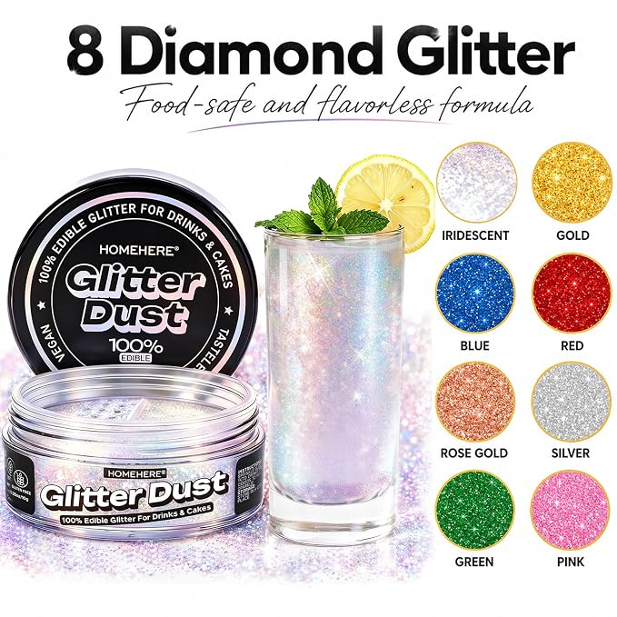 HomeHere Edible Glitter for Drinks & Cakes, 10g Food Grade Disco Diamond Glimmer Dust, Sparkle Powder for Cocktails, Chocolate, Baking Decorations, Vegan& Tasteless (Iridescent)