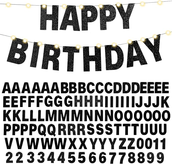 TaoBary 112 Pcs DIY Letter Kit Glitter Customizable Banner Letters Include 107 Letters and Numbers 3 Rope and 2 Needles for Birthday Halloween Christmas Wedding Valentine Party Decor(Black)