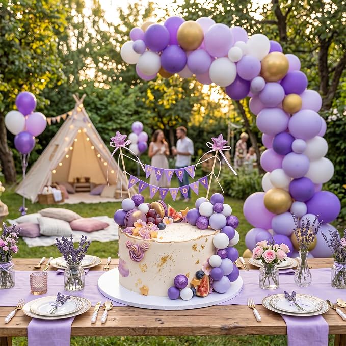 21 Pcs Happy Birthday Cake Topper Cake Bunting Topper Banner with Wood Pole Rainbow Garland with Bow Ribbon Balloon, Mini Cupcake Decor for Birthday Baby Shower (Purple,White)