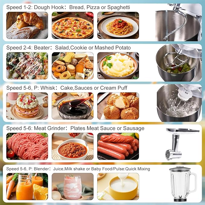 3-in-1 Stand Mixer with Meat Grinder Juicer for Kitchen, 6 Quart Tilt-Head Electric Mixer with Stainless Steel Bowl, 6+P Speeds, Dough Hook, Beater & Whisk
