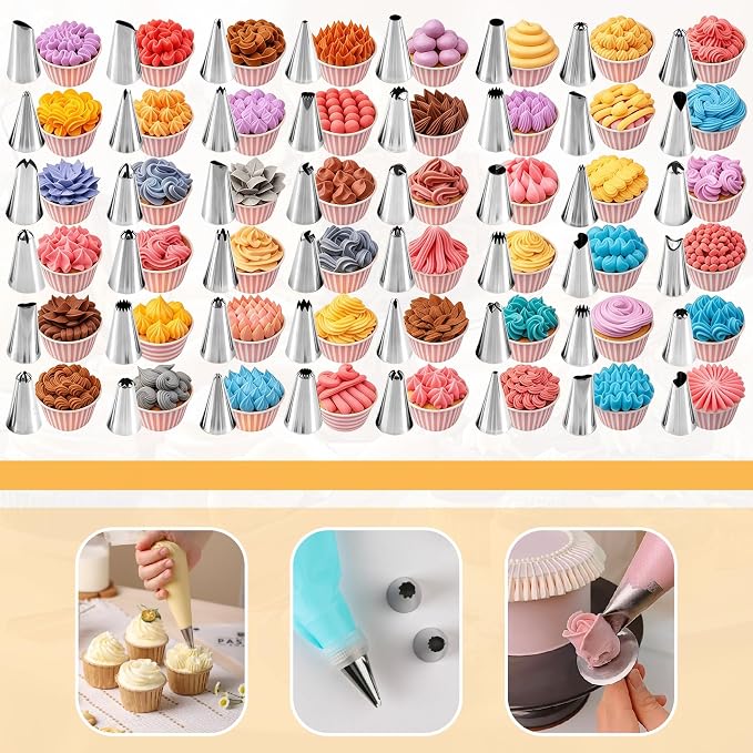 Piping Bags And Tips Set - 65pcs Cake Decorating Supplies Kit with 48 Stainless Steel Tips 12 Inch Reusable Silicone Pastry Bag 10 Disposable Piping Bags for Cupcake Cookie