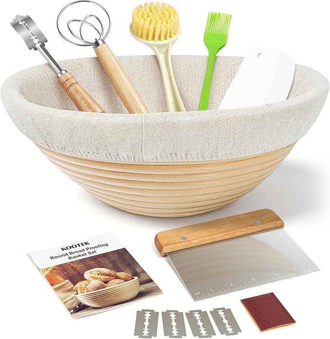 Kootek Banneton Bread Proofing Basket Set, 9 Inch Round Sourdough Starter Kit, Baking Supplies Tools with Dough Whisk, Scoring Lame, and Other Accessories for Artisan Bread Making