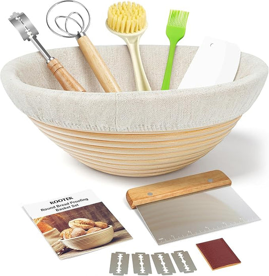 Kootek Banneton Bread Proofing Basket Set, 9 Inch Round Sourdough Starter Kit, Baking Supplies Tools with Dough Whisk, Scoring Lame, and Other Accessories for Artisan Bread Making