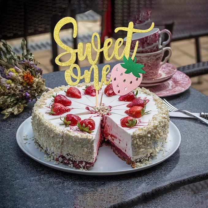 1 PCS Strawberry Sweet One Cake Topper Glitter First Birthday Strawberry Cake Pick for Sweet Fruit Theme Baby Shower Kids Birthday Party Cake Decorations Supplies Gold