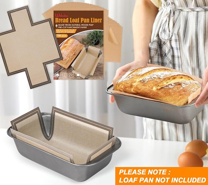 Webake 100PCS Unbleached Parchment Paper Loaf Pan Liners with 1 Reusable Silicone Loaf Liner for 9x5 1lb, 1.5lb & 2lb Loaves, Nonstick, Precut