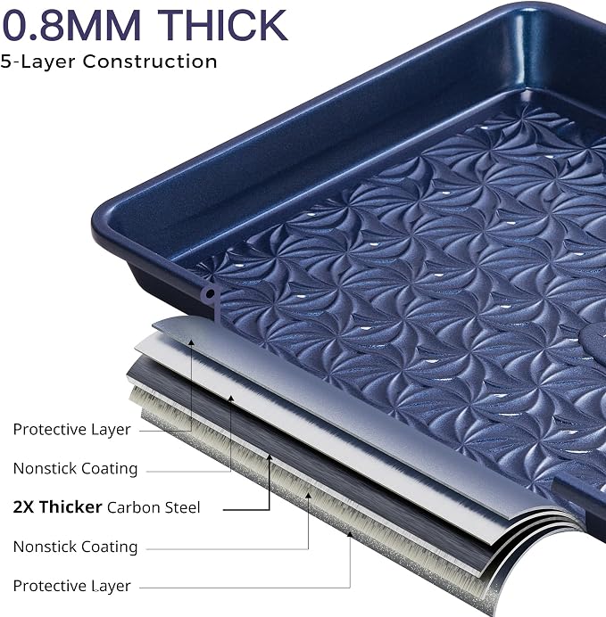 HONGBAKE Nonstick Baking Sheet Pan Set of 3, Cookie Sheets for Oven, Non-Toxic Half/Quarter/Jelly Roll Pans with Floral Swirl Texture, Heavy Duty 0.8mm Thick Oven Trays for Cooking, Blue