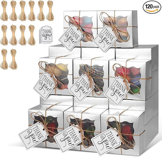 KPOSIYA 120 Pcs Silver Bakery Boxes with Window Individual Cupcake Boxes 4x4x2.5 Inches Cookie Boxes Kraft Paper Silver Gift Box for Pastries, Cookies, Pie, Donuts, Macaroon