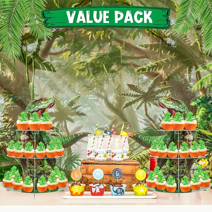 BACUTHY 2 Pack Cupcake Stand Dinosaur Birthday Party Decorations Favors, Dinosaur Cup Cake Toppers Towers Three Rex Baby Shower Supplies for Boy&Girl
