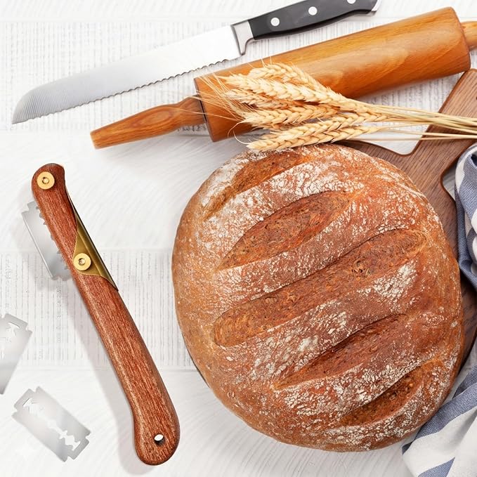 Linora Bread Lame sourdough scoring tool - Handcrafted Wooden bread scoring knife with 4 Razor Blades, scoring tool for sourdough bread baking, bread scorer blade with protective cover
