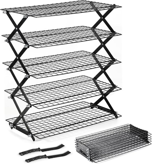 5 Tier Upgraded Collapsible Cooling Rack with Adjustable 3 Setting Design, Stackable Baking Rack with Clean Brush, Roasting Cooking Drying Wire Cooling Rack for Cookies Baking Roasting ＆ Grilling