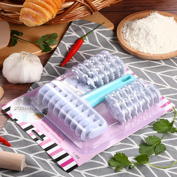 Boao Fondant Ribbon Cutter Wheel Roller Mold Dough Lattice Cutter 4 Different Gears Embosser Set Noodle Dough Roller Pastry Tools for Pie Baking